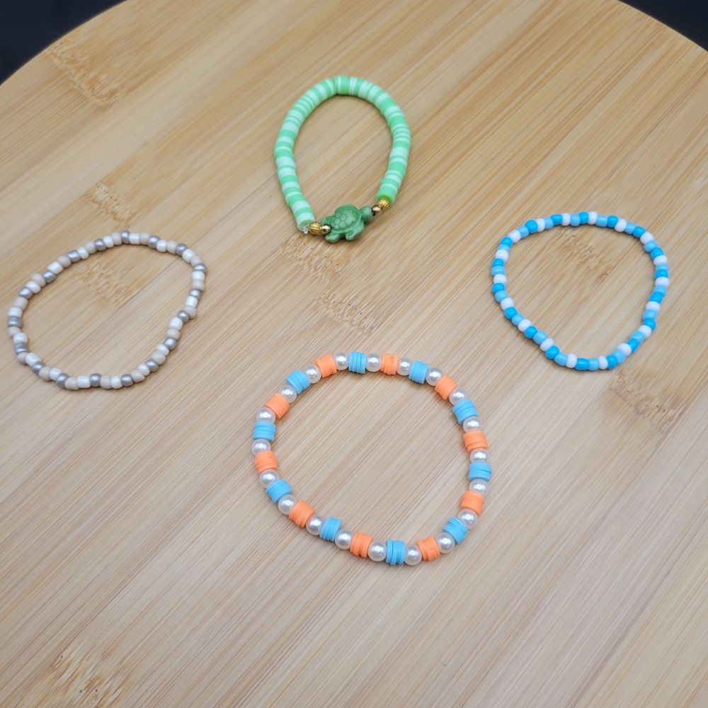 Handmade Clay Bead Seed Bead Bracelet Set of 4 Summer Turtle Theme Kids Jewelry - Picture 7 of 8